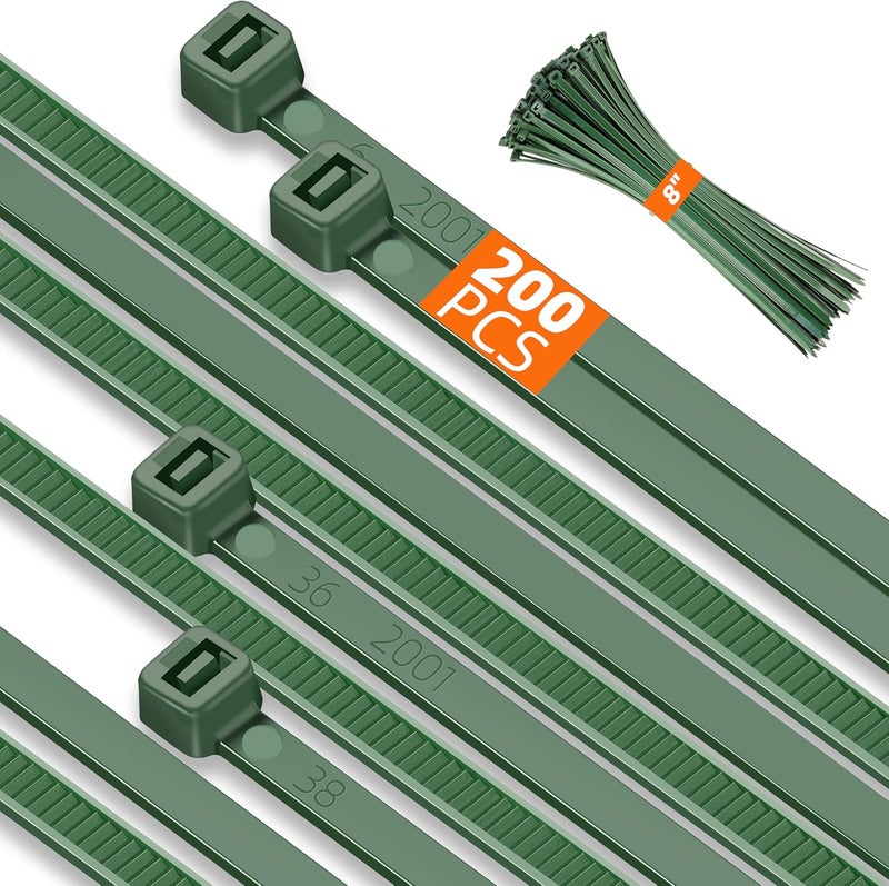 Idemeet 8 Inch PA66 Green Zip Ties 200 Pcs, 45 Lbs Tensile Strength Plastic Wire Ties with 3.6mm Wide, Premium Self-locking Nylon Cable Ties Decoration Tie Wraps for Outdoor Indoor Gardening Grid Wall - Image 1